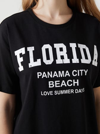 XSIDE Siyah Bisiklet Yaka Florida Baskılı Kadın Tişört