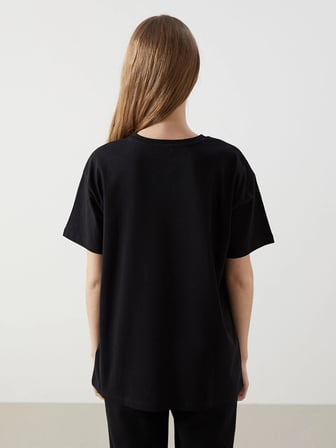 XSIDE Siyah Bisiklet Yaka Florida Baskılı Kadın Tişört