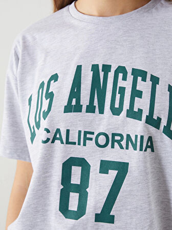 XSIDE Gri Bisiklet Yaka Los Angeles Baskılı Kadın Tişört