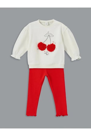 Lcw Baby Ekru Bisiklet Yaka Kiraz Baskılı Kız Bebek Sweatshirt Ve Tayt 2'li