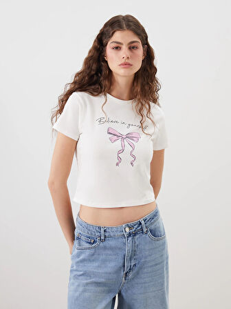 XSIDE Ekru Bisiklet Yaka Baskılı Crop