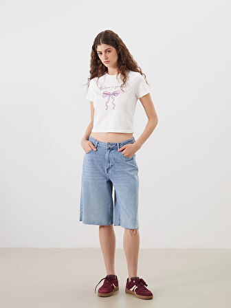 XSIDE Ekru Bisiklet Yaka Baskılı Crop