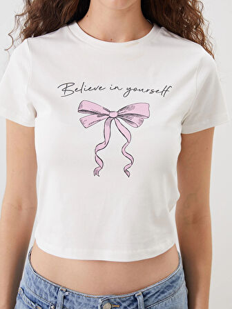 XSIDE Ekru Bisiklet Yaka Baskılı Crop