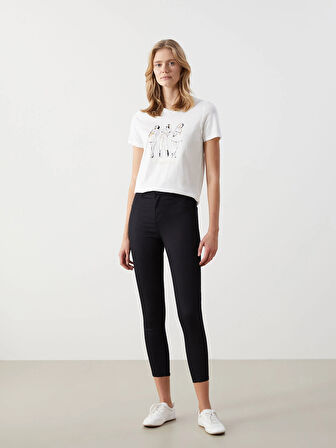 LCW Vision Ekru Bisiklet Yaka Baskılı Kadın Tişört