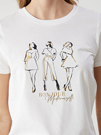 LCW Vision Ekru Bisiklet Yaka Baskılı Kadın Tişört