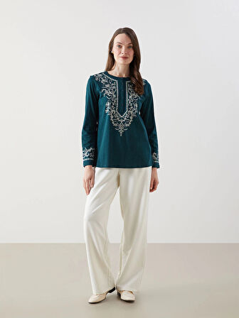 LCW Grace Yeşil Bisiklet Yaka Desenli Kadın Bluz