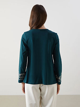 LCW Grace Yeşil Bisiklet Yaka Desenli Kadın Bluz