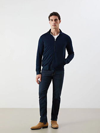 LCWAIKIKI Basic Lacivert Dik Yaka Uzun Kollu Erkek Fermuarlı Sweatshirt