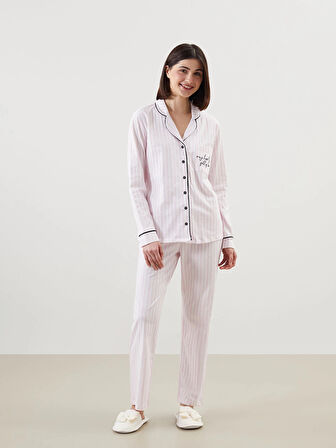 LCW DREAM EKRU Gömlek Yaka Nakışlı Kadın Pijama Takımı