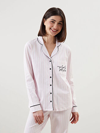 LCW DREAM EKRU Gömlek Yaka Nakışlı Kadın Pijama Takımı