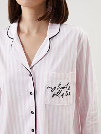 LCW DREAM EKRU Gömlek Yaka Nakışlı Kadın Pijama Takımı