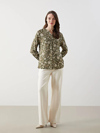 LCW Grace Haki Kaçık Yaka Desenli Kadın Bluz