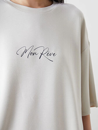 LCW Vision Bej Bisiklet Yaka Baskılı Oversize Kadın Tişört