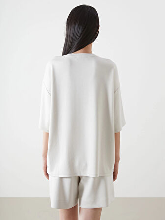 LCW Vision Bej Bisiklet Yaka Baskılı Oversize Kadın Tişört