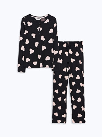 Bisiklet Yaka Desenli Kadın Pijama Takımı_W4L623Z8-LQJ_8684681853449_M
