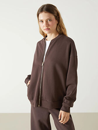 LCW Vision Kahverengi Kolej Yaka Oversize Kadın Fermuarlı Sweatshirt