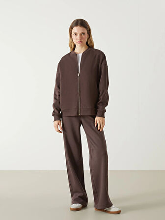 LCW Vision Kahverengi Kolej Yaka Oversize Kadın Fermuarlı Sweatshirt