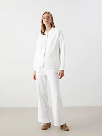 LCW Vision Ekru Kolej Yaka Oversize Kadın Fermuarlı Sweatshirt