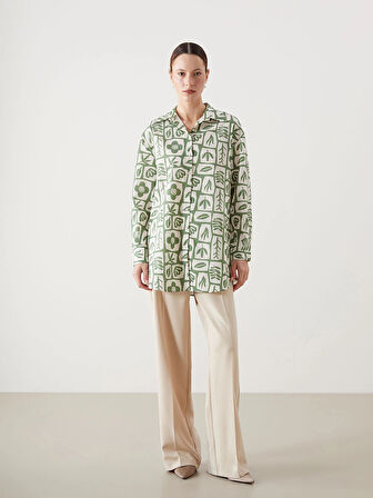 LCW Modest Yeşil Desenli Oversize Kadın Gömlek Tunik
