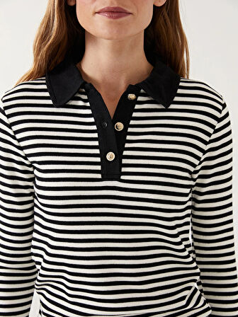 LCW Modest Siyah Polo Yaka Çizgili Kadın Body