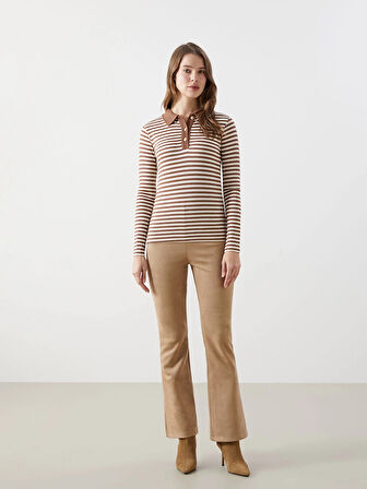 LCW Modest Bej Polo Yaka Çizgili Kadın Body