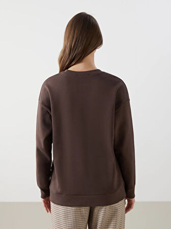 LCW Modest Kahverengi Bisiklet Yaka Baskılı Oversize Kadın Kalın Sweatshirt Tunik