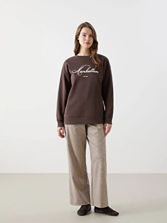 LCW Modest Kahverengi Bisiklet Yaka Baskılı Oversize Kadın Kalın Sweatshirt Tunik