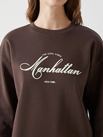 LCW Modest Kahverengi Bisiklet Yaka Baskılı Oversize Kadın Kalın Sweatshirt Tunik