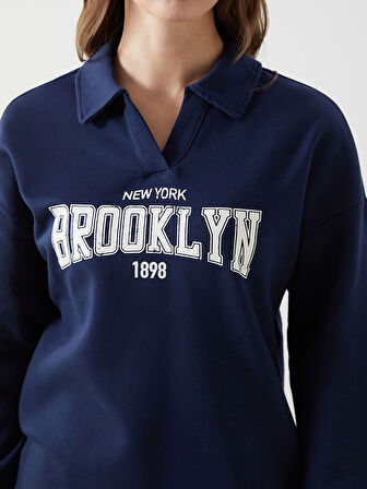 LCW Modest Lacivert Polo Yaka Baskılı Kadın Kalın Sweatshirt Tunik