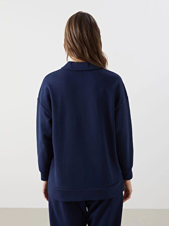 LCW Modest Lacivert Polo Yaka Baskılı Kadın Kalın Sweatshirt Tunik