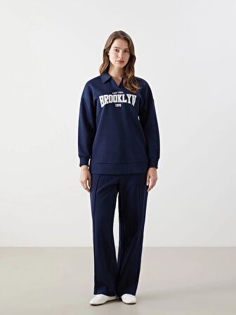 LCW Modest Lacivert Polo Yaka Baskılı Kadın Kalın Sweatshirt Tunik