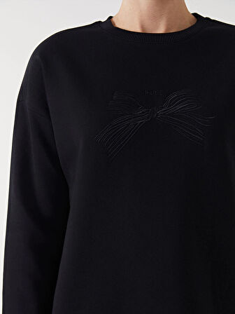 LCW Modest Siyah Bisiklet Yaka Nakışlı Kadın Kalın Sweatshirt Tunik