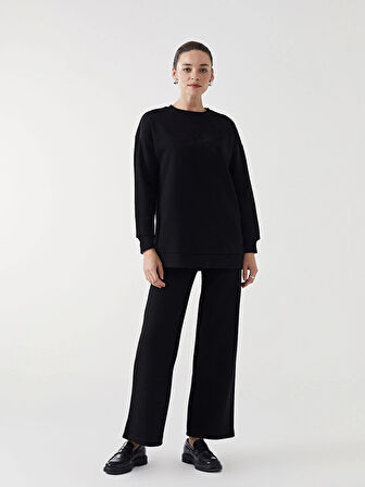 LCW Modest Siyah Bisiklet Yaka Nakışlı Kadın Kalın Sweatshirt Tunik