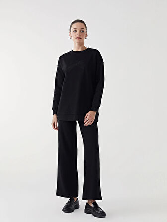 LCW Modest Siyah Bisiklet Yaka Nakışlı Kadın Kalın Sweatshirt Tunik