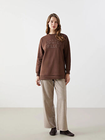 LCW Modest Kahverengi Bisiklet Yaka Nakışlı Kadın Kalın Sweatshirt Tunik