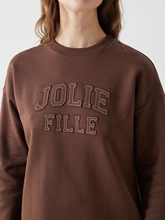 LCW Modest Kahverengi Bisiklet Yaka Nakışlı Kadın Kalın Sweatshirt Tunik