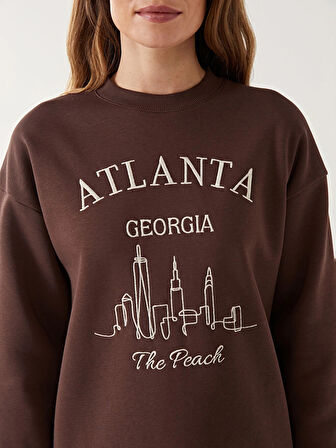 LCW Modest Kahverengi Bisiklet Yaka Baskılı Kadın Sweatshirt Tunik