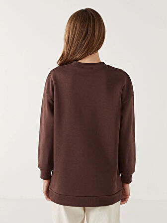 LCW Modest Kahverengi Bisiklet Yaka Baskılı Kadın Sweatshirt Tunik