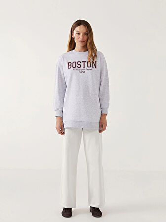 LCW Modest Antrasit Bisiklet Yaka Boston Baskılı Kadın Kalın Sweatshirt Tunik