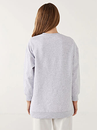 LCW Modest Antrasit Bisiklet Yaka Boston Baskılı Kadın Kalın Sweatshirt Tunik