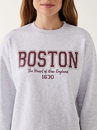LCW Modest Antrasit Bisiklet Yaka Boston Baskılı Kadın Kalın Sweatshirt Tunik