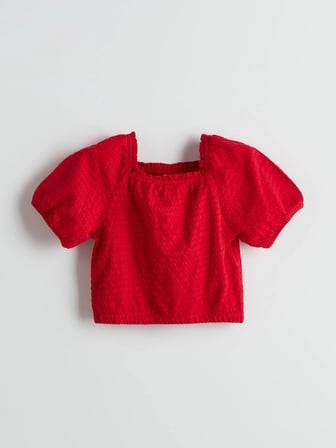 LCW Kids Kırmızı Kare Yaka Dokulu Kız Çocuk Crop Bluz