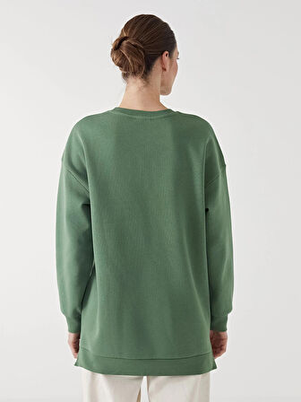 LCW Modest Yeşil Bisiklet Yaka New York Baskılı Kadın Kalın Sweatshirt Tunik