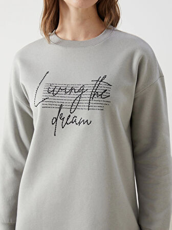 LCW Modest Gri Bisiklet Yaka Baskılı Kadın Sweatshirt Tunik