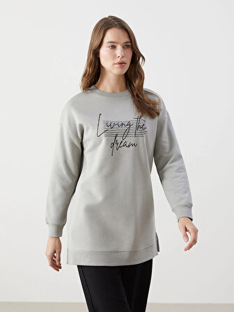 LCW Modest Gri Bisiklet Yaka Baskılı Kadın Sweatshirt Tunik