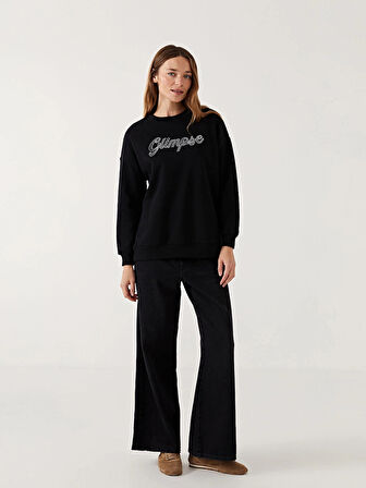 LCW Modest Siyah Baskılı Oversize Kadın Kalın Sweatshirt Tunik