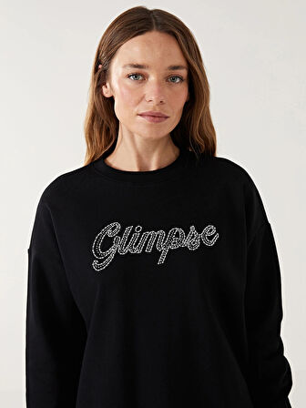LCW Modest Siyah Baskılı Oversize Kadın Kalın Sweatshirt Tunik