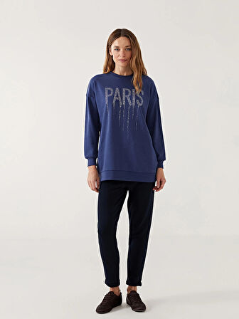 LCW Modest Lacivert Bisiklet Yaka Parlak Taşlı Kadın Sweatshirt Tunik