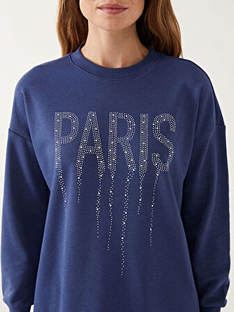 LCW Modest Lacivert Bisiklet Yaka Parlak Taşlı Kadın Sweatshirt Tunik