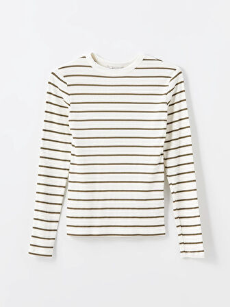 LCWAIKIKI Basic Yeşil Bisiklet Yaka Çizgili Kadın Body